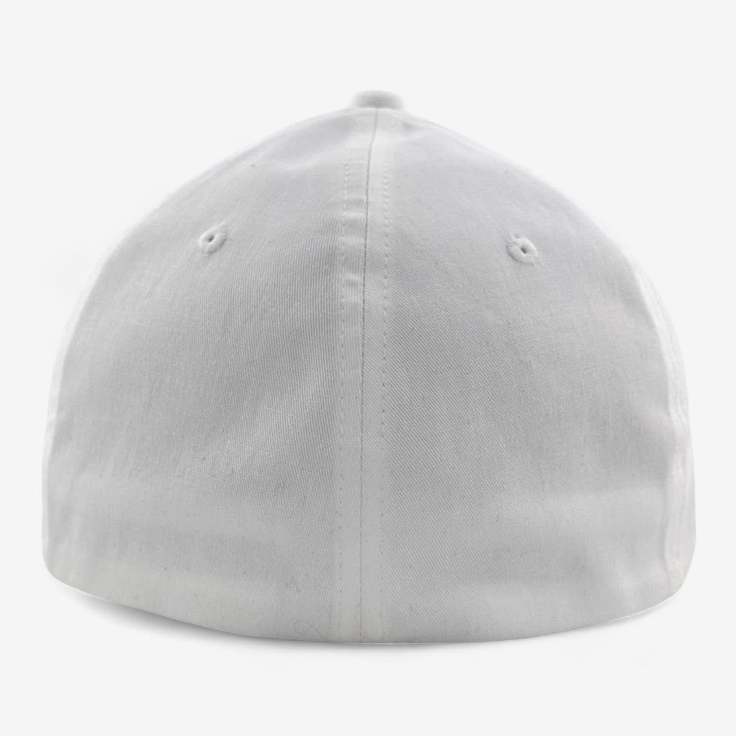 The OKLA Original White Embroidered hat is showcased from the back, highlighting a smooth and seamless design with two small vent holes near the top. Its athletic shape is complemented by an elastic stretch band for a comfortable fit. The cap is set against a plain white background.