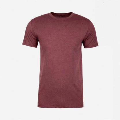 The OKLA Pure Shirts in maroon, crafted from ring-spun cotton, are displayed against a white background to highlight their versatile style. These shirts feature short sleeves and a round neckline, making them an ideal addition to any wardrobe.