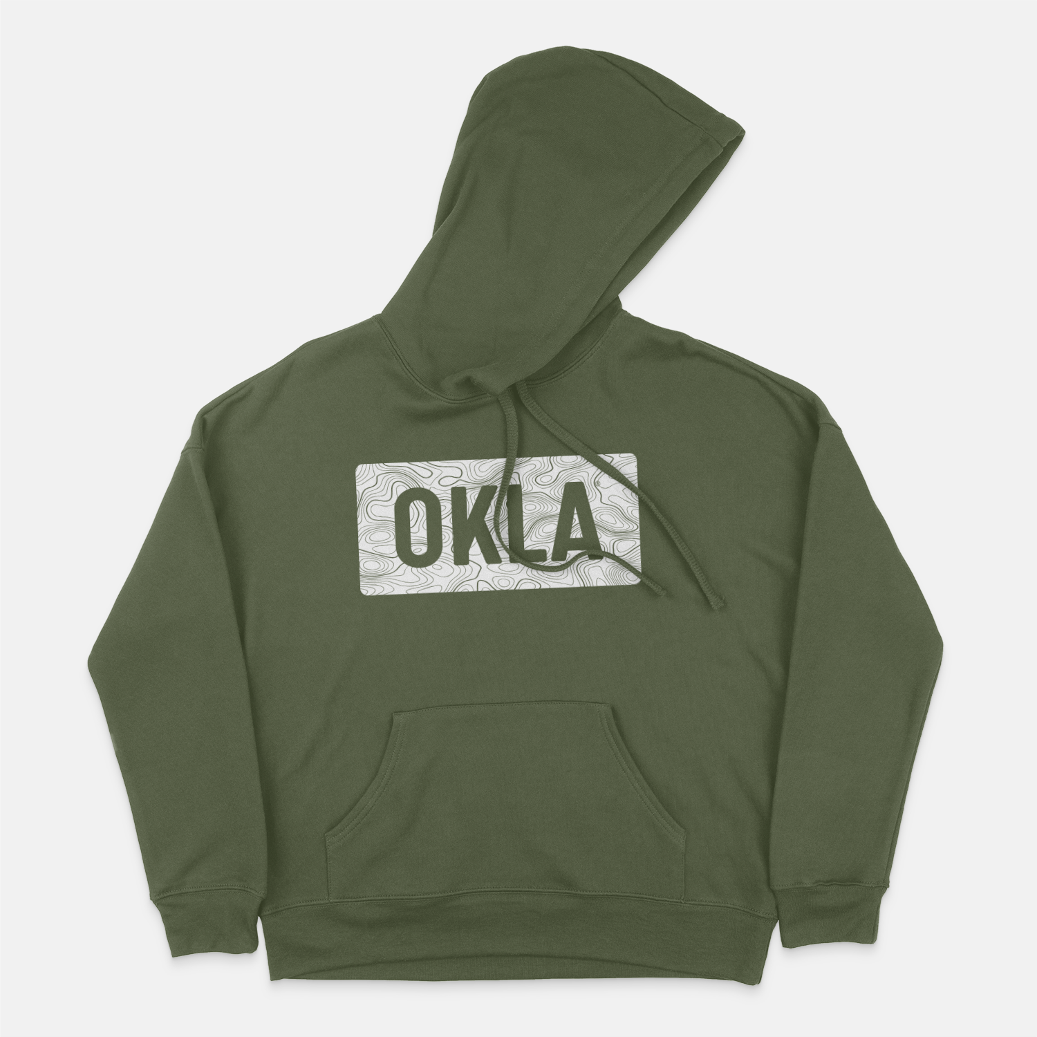 The OKLA Navigator BOLD Hoodie, made from recycled cotton, provides a comfortable unisex fit. This hunter green hoodie is adorned with a patterned rectangular patch on the chest showcasing "OKLA" in bold letters and is enhanced by a front pocket and drawstring hood.