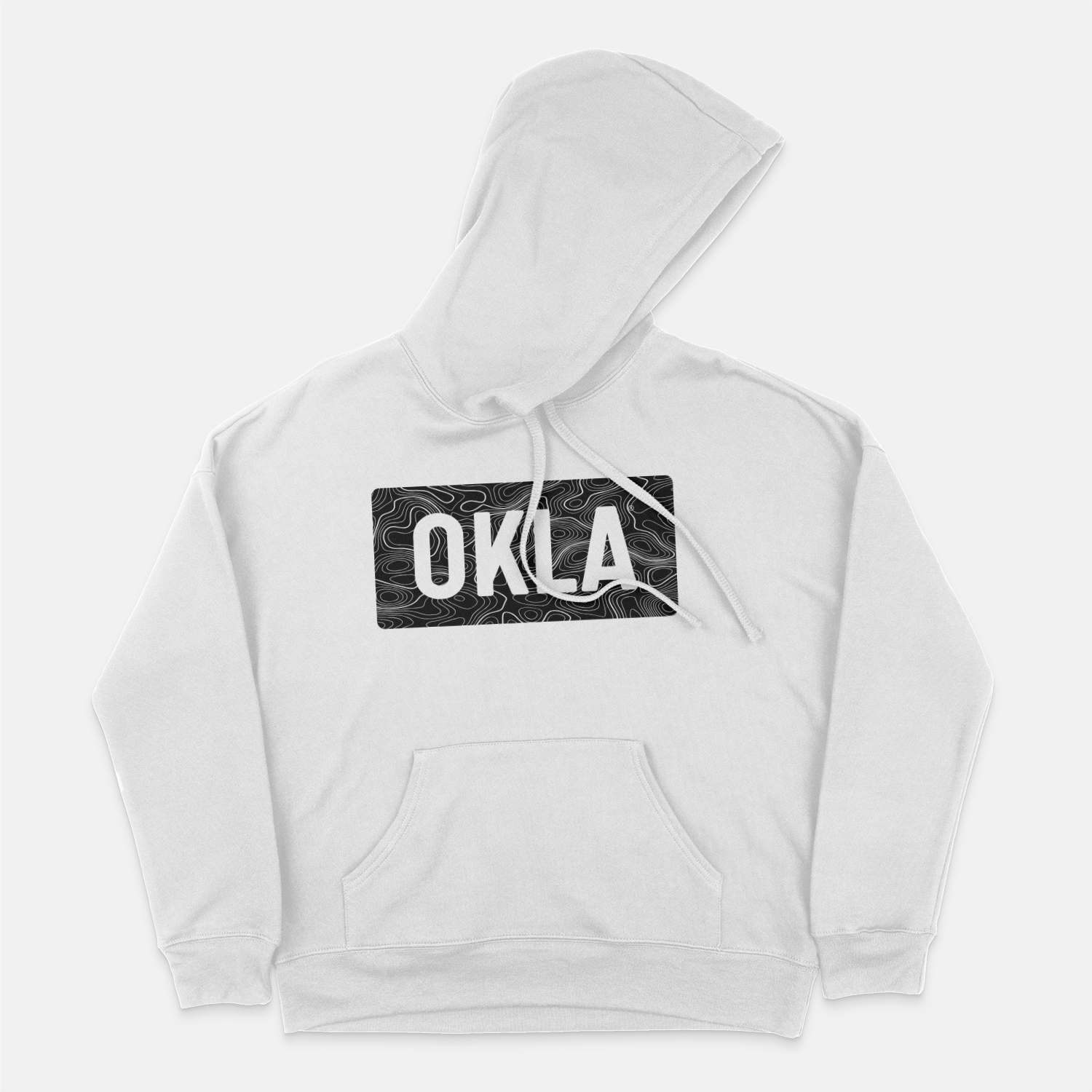 Presenting the OKLA Navigator BOLD Hoodie: a sustainable white hoodie made from recycled cotton. It boasts a striking black rectangular graphic on the chest, displaying "OKLA" in bold white letters over an artistic swirling pattern. Designed for a unisex fit, it includes a convenient front pocket and is showcased against a simple gray backdrop.