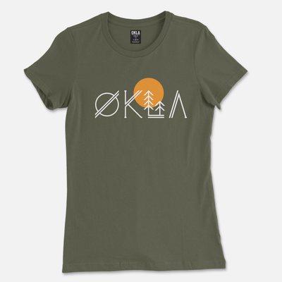 Explore the OKLA Native Tee, an olive green T-shirt made from recycled cotton. This shirt is designed for adventure lovers, featuring stylized letters with a tree inside the letter 'A' and a sun above it, embodying a clean, nature-inspired design ideal for outdoor enthusiasts.