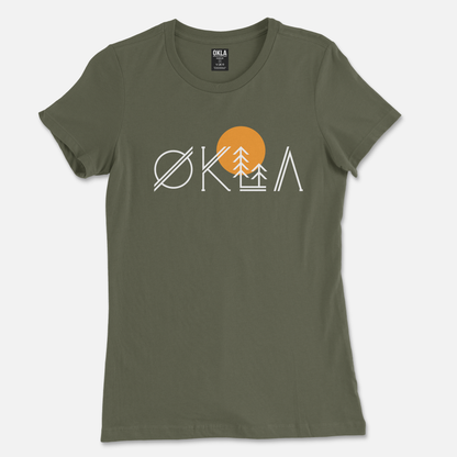 Explore the OKLA Native Tee, an olive green T-shirt made from recycled cotton. This shirt is designed for adventure lovers, featuring stylized letters with a tree inside the letter 'A' and a sun above it, embodying a clean, nature-inspired design ideal for outdoor enthusiasts.