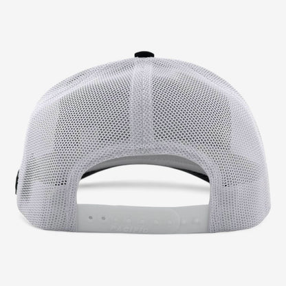 The back view of the OKLA Freedom Trucker Hat highlights its white mesh design with an adjustable snapback. The brim is subtly visible from behind, and the hat features sweat-wicking technology for comfort. A vintage-inspired 3D patch adds a classic style element to this practical and fashionable accessory.