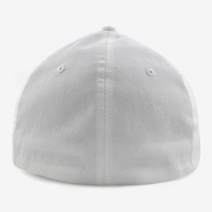 The OKLA Original White Embroidered hat is showcased from the back, highlighting a smooth and seamless design with two small vent holes near the top. Its athletic shape is complemented by an elastic stretch band for a comfortable fit. The cap is set against a plain white background.