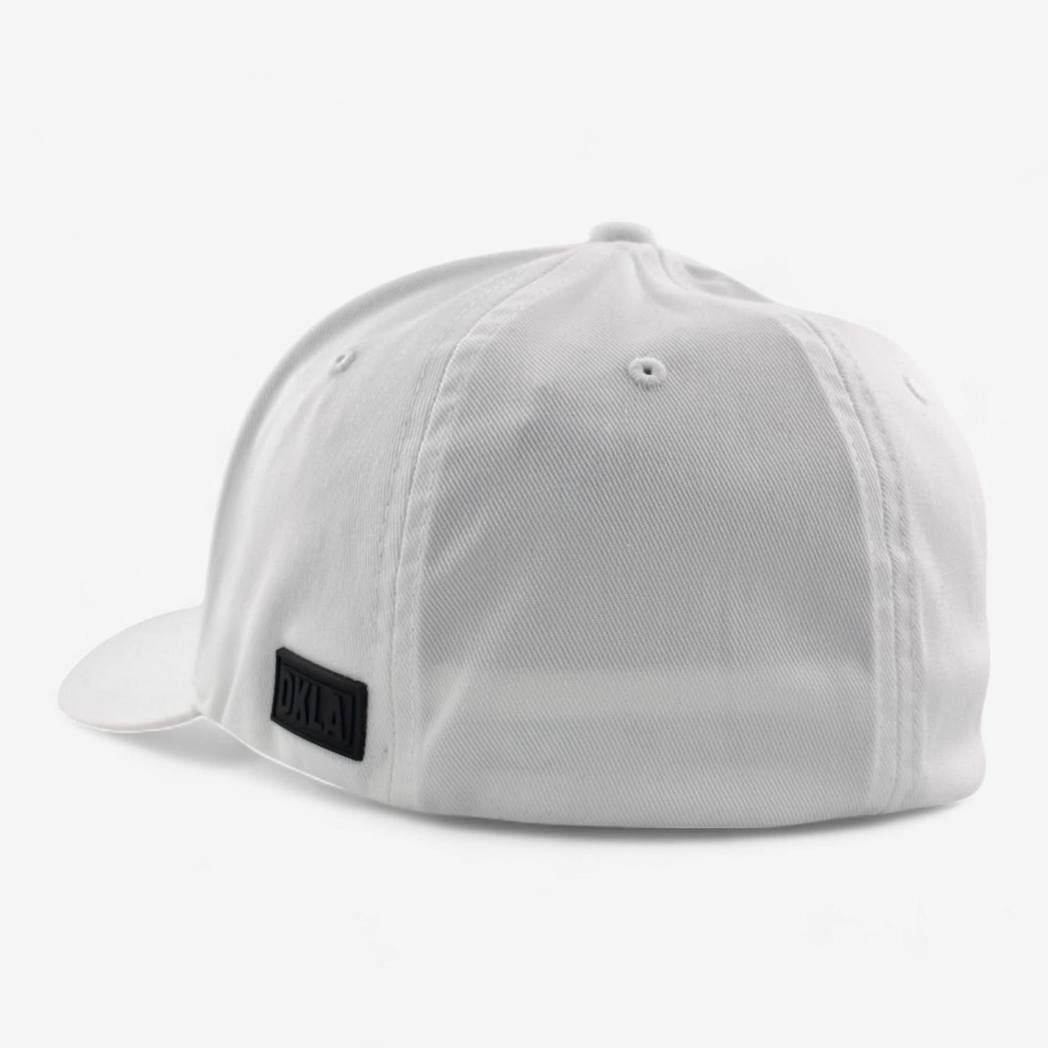 The OKLA Original White Embroidered baseball cap is displayed from the back, showcasing its athletic shape. The cap includes a black rectangular embroidered patch with "DKLA" on it and is designed with air vents and a curved brim for added comfort.