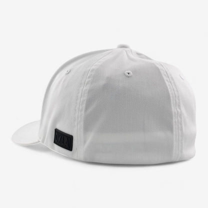 The OKLA Original White Embroidered baseball cap is displayed from the back, showcasing its athletic shape. The cap includes a black rectangular embroidered patch with "DKLA" on it and is designed with air vents and a curved brim for added comfort.