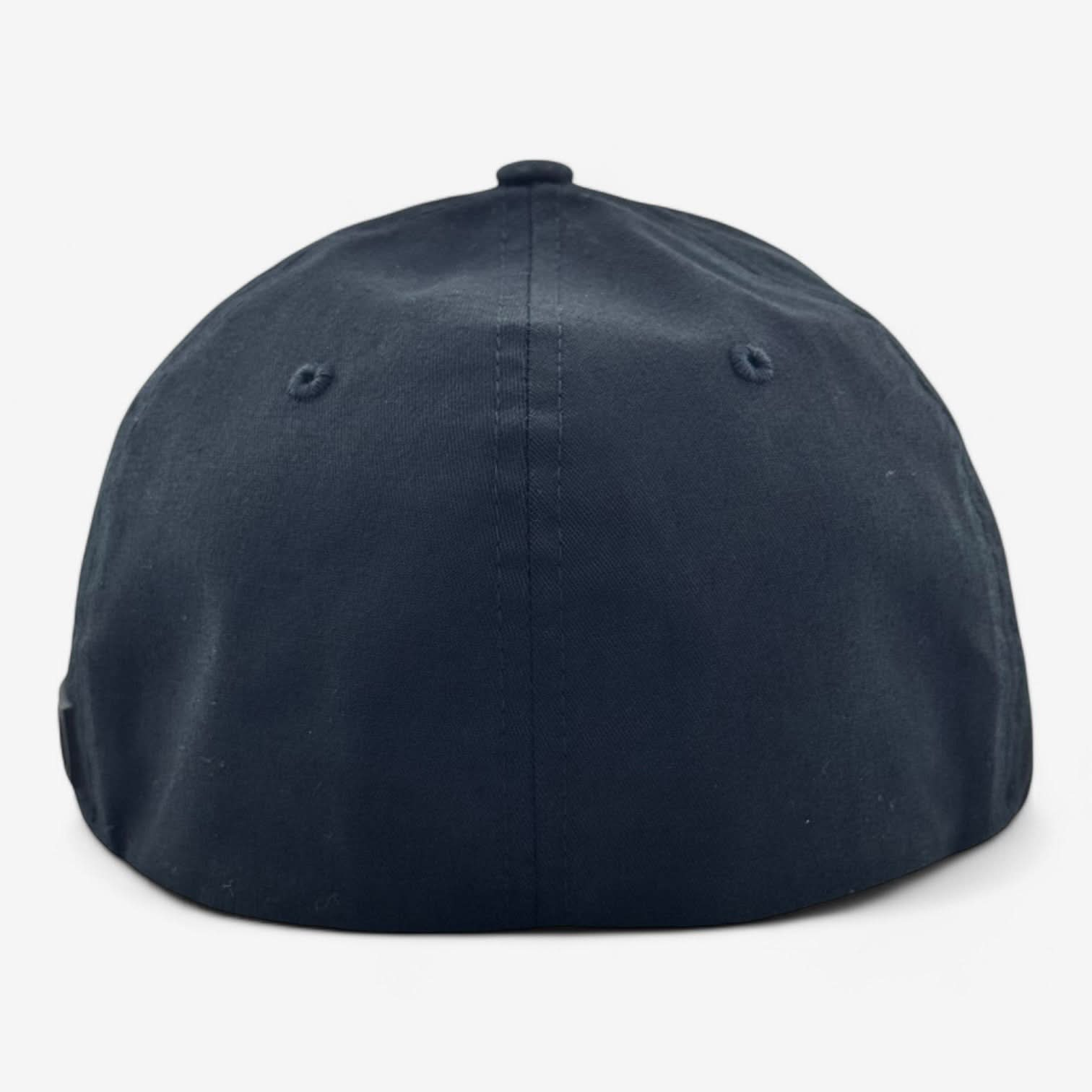 A plain black OKLA Original Fitted Hat is displayed from the back, emphasizing its curved shape and two ventilation holes on the top. The cap has a curved visor, set against a plain white background.