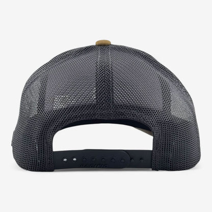 Back view of the OKLA Legacy Trucker Hat, featuring its premium black mesh fabric and adjustable strap, accentuated by a vintage-style PVC patch.