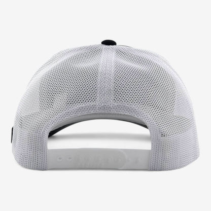 The image features the rear view of an OKLA Legacy Trucker Hat, highlighting the adjustable strap with multiple small holes for size customization. The high-quality mesh fabric enhances a see-through appearance, providing a traditional, breezy experience.