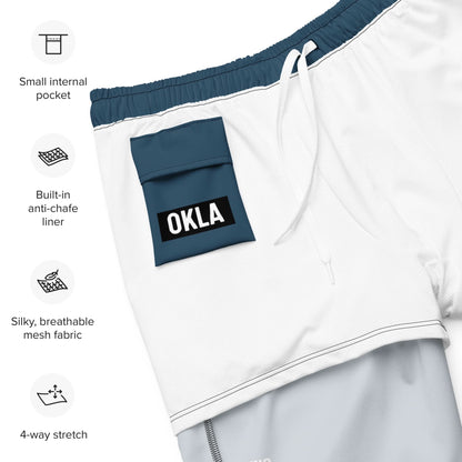 The OKLA Boardshorts are designed with a convenient small internal pocket and come equipped with a built-in anti-chafe liner. Made from silky, breathable mesh fabric, they offer 4-way stretch for maximum comfort. These boardshorts are quick-drying and water-repellent, featuring a stylish white color with teal accents and a teal pocket branded with the OKLA logo for ultimate versatility.