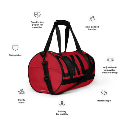 Introducing The OKLA - Gym Bag Red Series, a sleek red cylindrical design featuring CULT text. This gym bag is equipped with dual padded handles for comfort, an adjustable and removable shoulder strap for convenience, and both side and inside pockets for organization. Crafted from durable, water-resistant fabric, it includes T-piping for added stability. Its simple yet stylish design makes it the ideal companion for your active lifestyle.