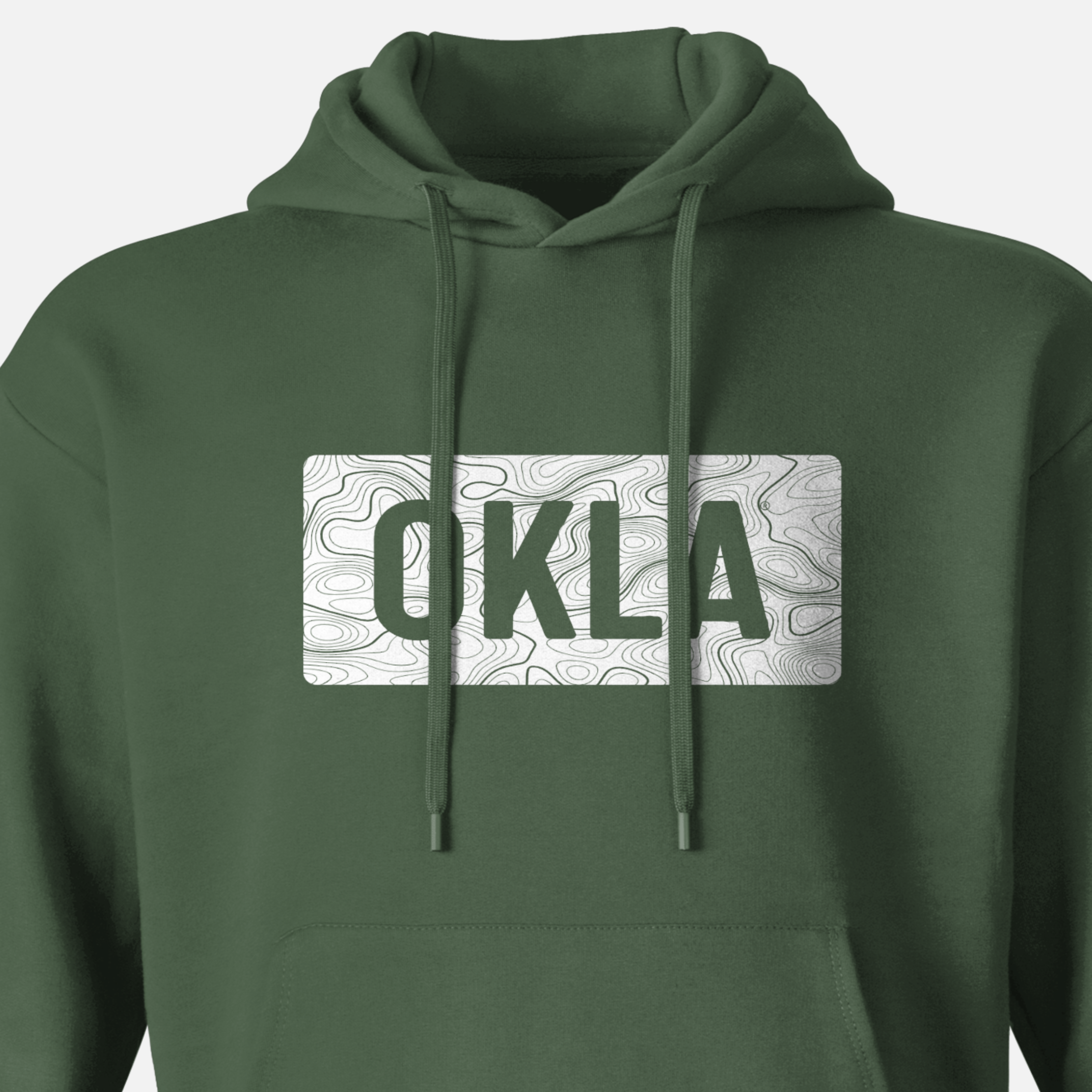 Introducing the OKLA Navigator BOLD Hoodie: a dark green hoodie made from recycled cotton, featuring the word OKLA in bold white letters across the front. Its subtle topographic map design adds a touch of adventurous comfort, while drawstrings complete the look.