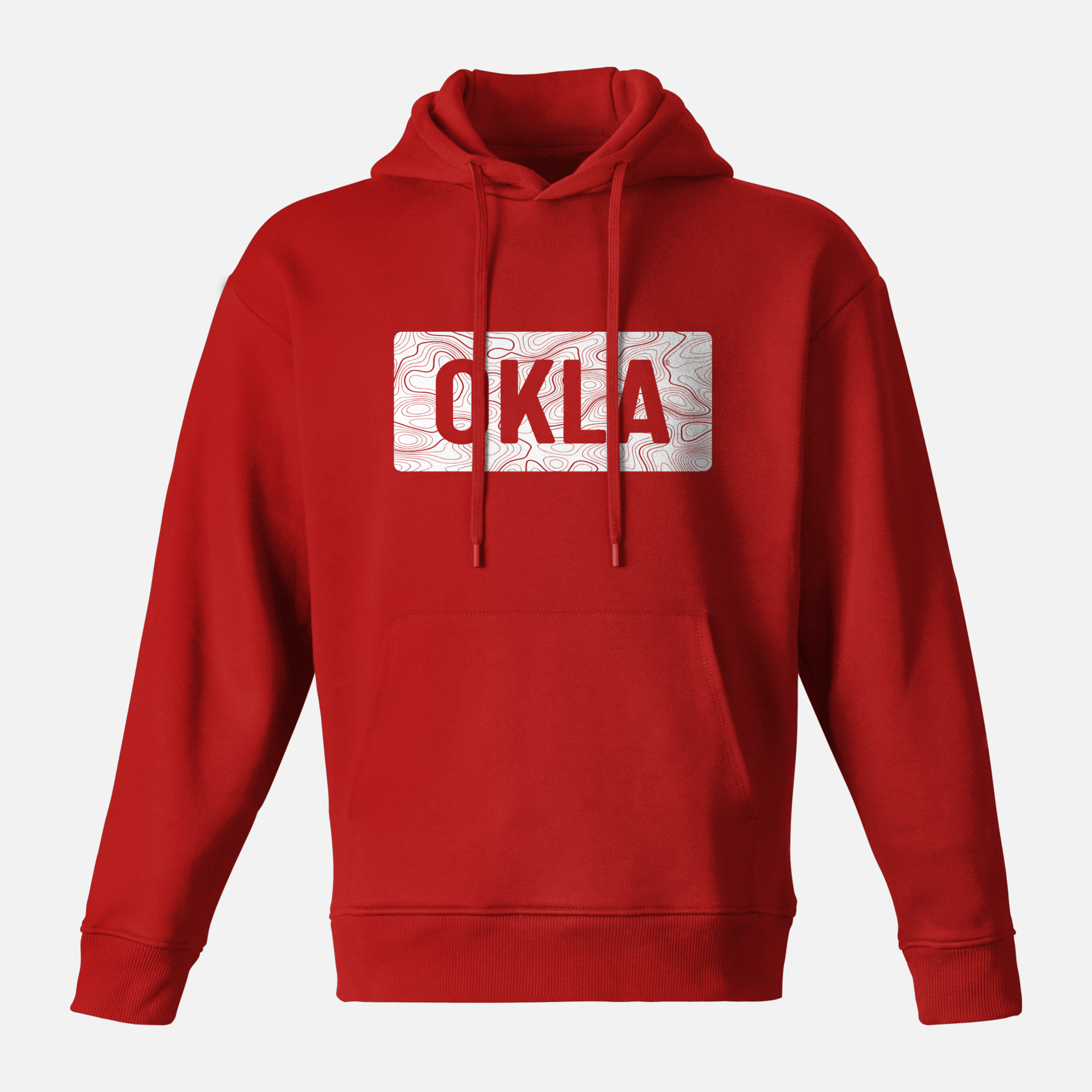 The OKLA Navigator BOLD Hoodie, made from recycled cotton, showcases a red design highlighted by bold white OKLA letters on the front atop a subtle abstract pattern. Ideal for comfortable adventures, it also features a front pocket and drawstring hood.