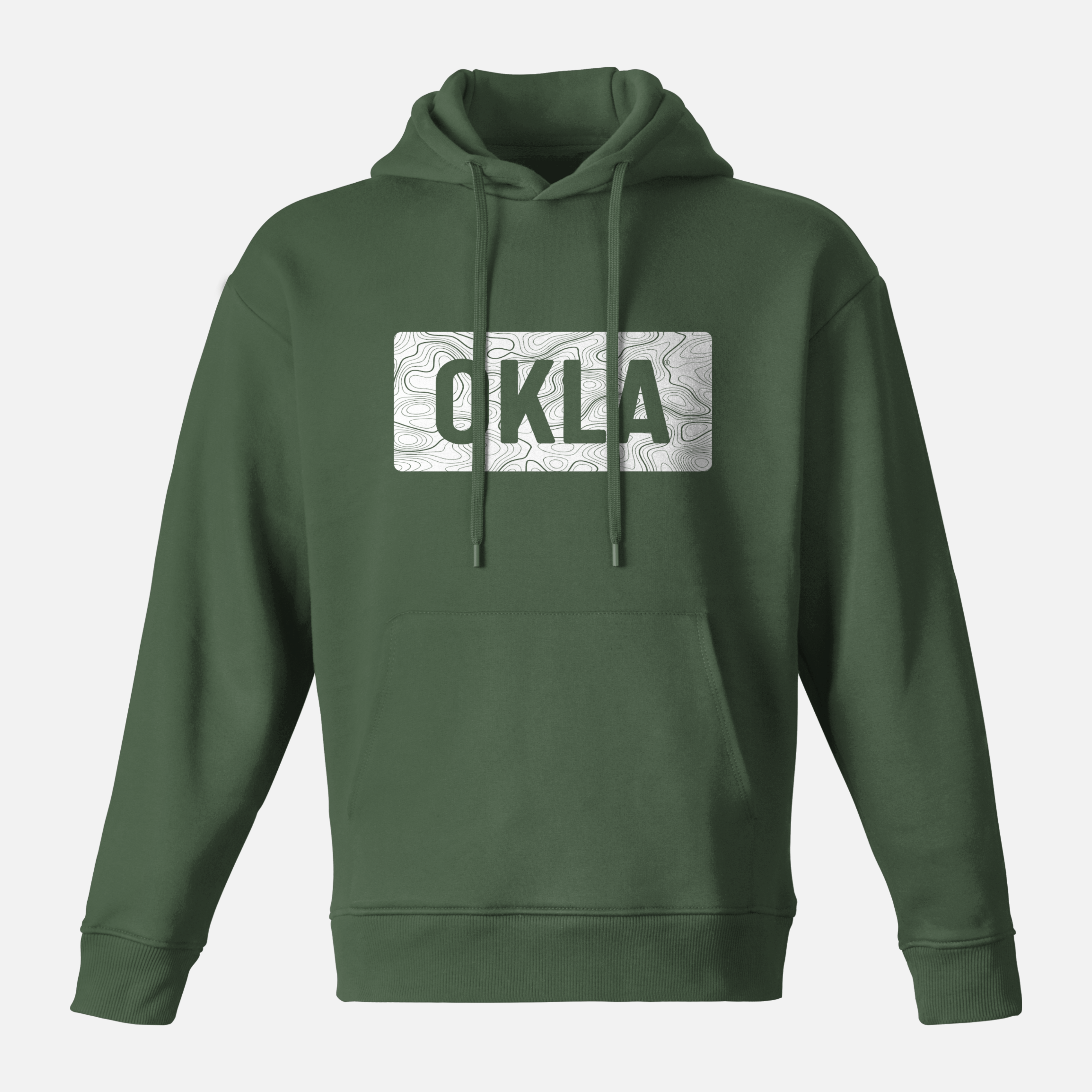 The OKLA Navigator BOLD Hoodie is crafted from recycled cotton and designed with a unisex fit, featuring a front pocket and hood. It showcases "OKLA" in bold white letters against a subtle topographic map pattern on a rectangular background, combining style with eco-friendliness.