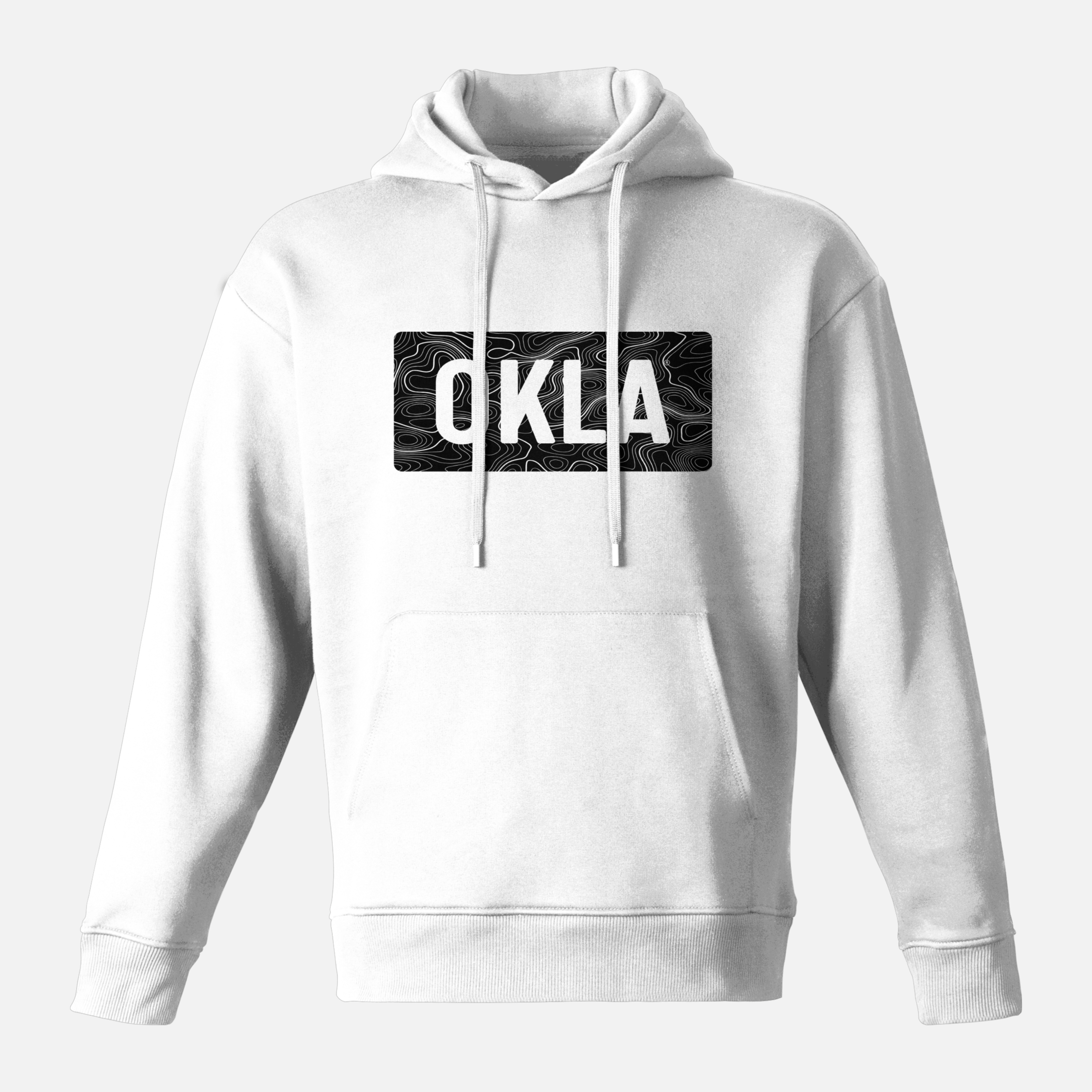 The white OKLA Navigator BOLD Hoodie, made from recycled cotton for both adventure and comfort, features a bold black rectangular design with OKLA lettering on the chest. It also includes a convenient front pocket and drawstrings for added ease.